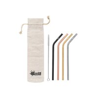 Cheeki 4 Pack Bent Stainless Steel Straws Silver, Gold, Rose Gold, Black, Cleaning Brush + Bag