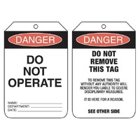 Danger Do Not Operate Lockout Tag Punched Hole/No String Pack of 100